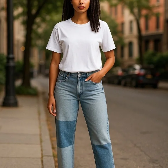 LOFT Straight Leg Jeans with Patchwork and Raw Hem Size 25 - Picture 2 of 9